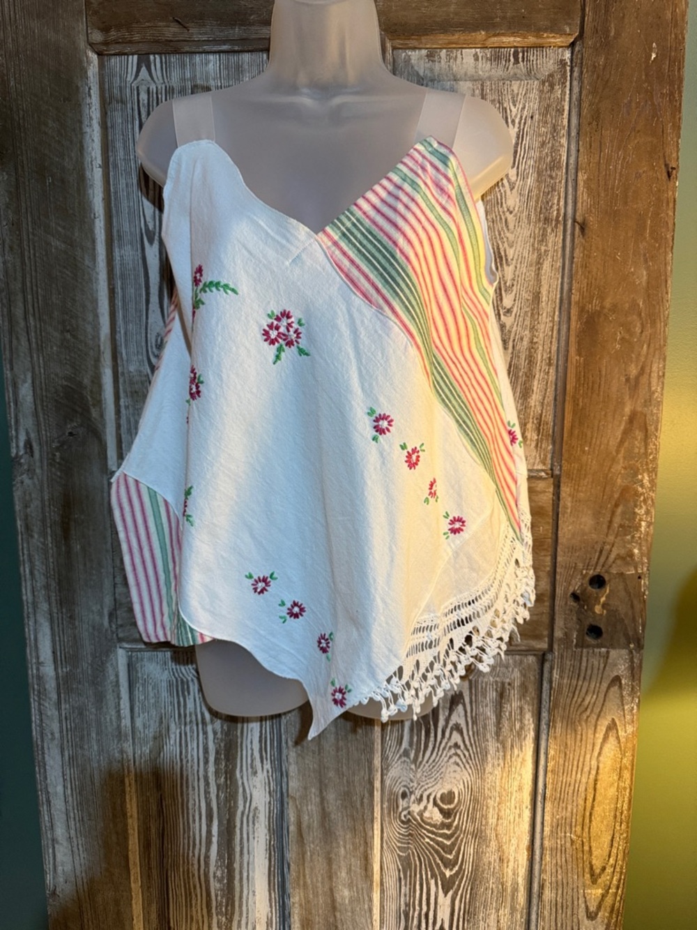 White Floral Handkerchief-Hem Camisole with Striped Accent